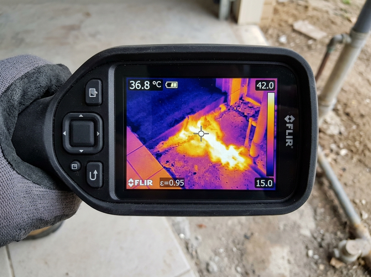 Thermal imaging scan revealing hot water pipe leak beneath concrete floor