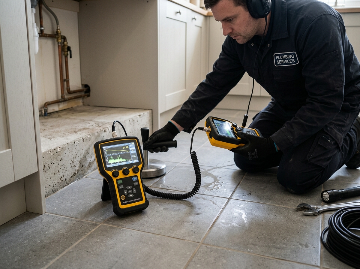 Acoustic electronic leak detection equipment placed on concrete foundation floor